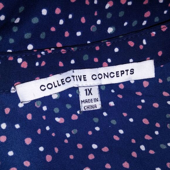 Collective Concepts Blouse Womens 1X Blue Pink Dots Chiffon 3/4 Sleeve V Neck - Picture 7 of 8